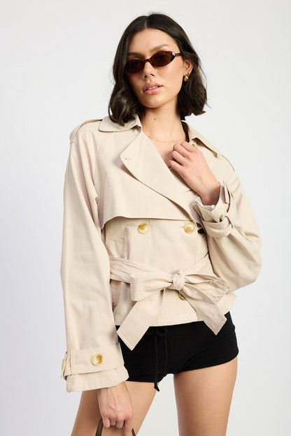 Beige Cropped Double-Breasted Trench Jacket from PinkyBelles Boutique