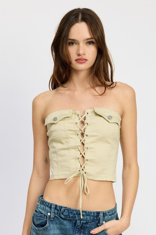 Beige Lace-Up Corset Tube Top from PinkyBelles Boutique