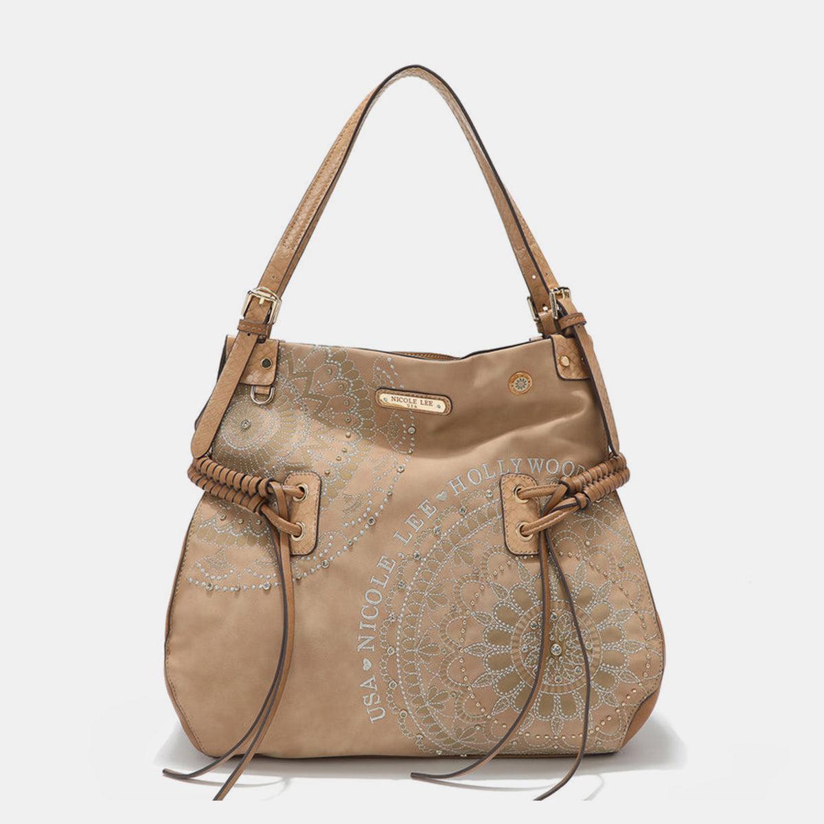 Beige Rhinestone Embroidered Hobo Bag from PinkyBelles Boutique