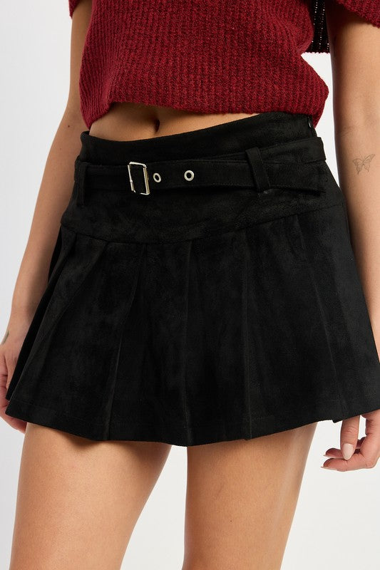 Black Belted Suede Pleated Skort from PinkyBelles Boutique