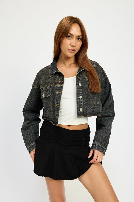 Black Embroidered Denim Crop Jacket from PinkyBelles Boutique