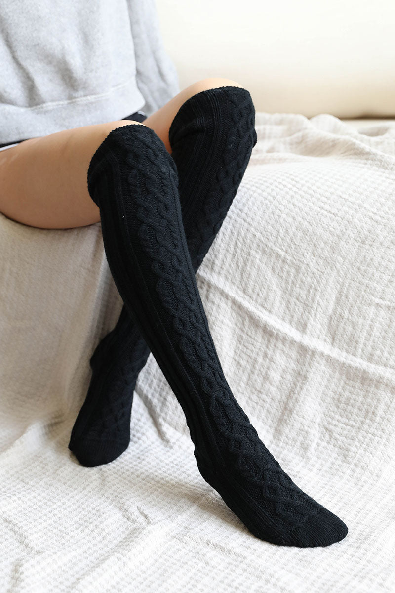 Black Knee High Cable Knit Socks from PinkyBelles Boutique