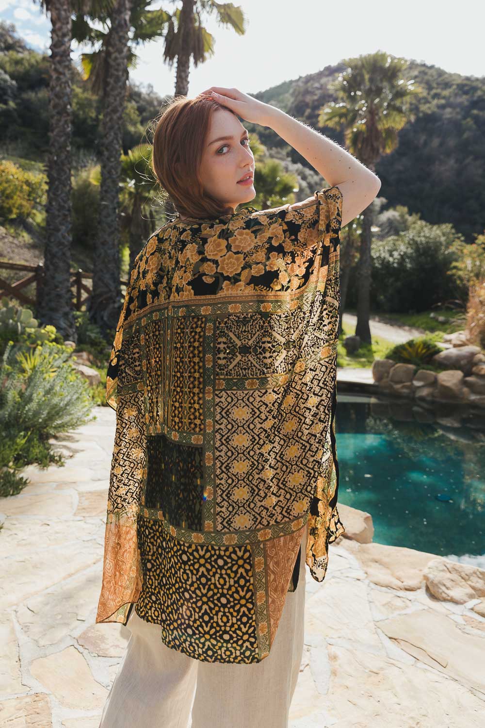 Black/Mustard Bohemian Flow Burnout Velvet Kimono from PinkyBelles Boutique