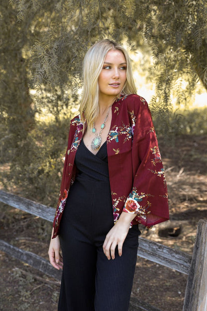 Burgundy Floral Rose Print Kimono Blazer from PinkyBelles Boutique