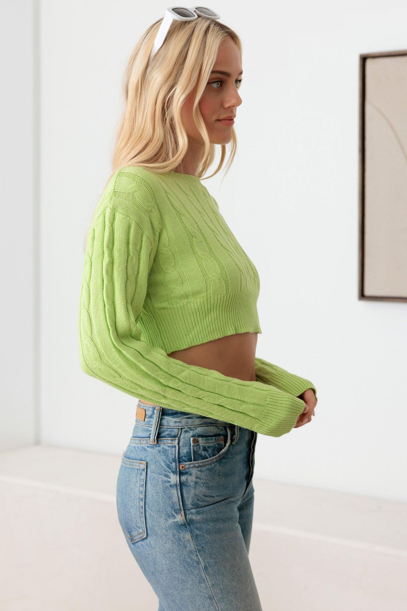 Green Cable Pattern Long Sleeve Crop Sweater Top from PinkyBelles Boutique