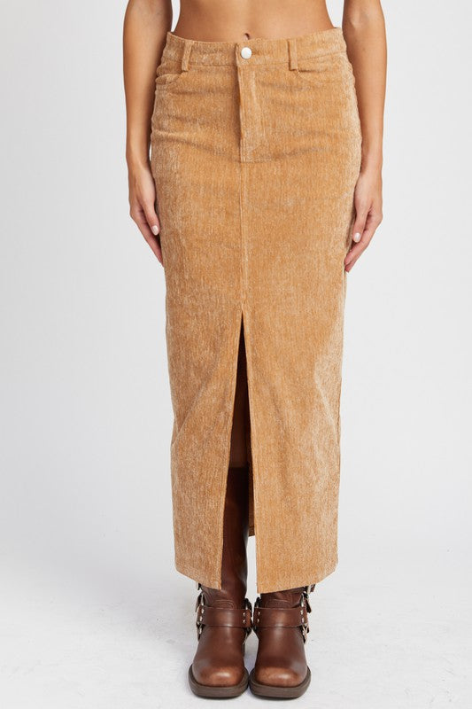 Camel Front Slit Corduroy Maxi Skirt from PinkyBelles Boutique