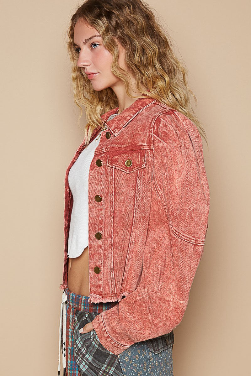 Coral Coral Raw Hem Denim Jacket from PinkyBelles Boutique