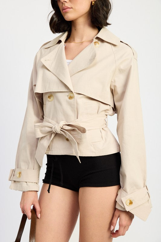 Beige Cropped Double-Breasted Trench Jacket from PinkyBelles Boutique