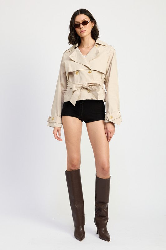 Beige Cropped Double-Breasted Trench Jacket from PinkyBelles Boutique