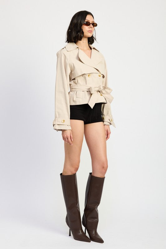 Beige Cropped Double-Breasted Trench Jacket from PinkyBelles Boutique