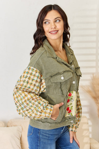 Olive Embroidered Patch Button Down Raw Hem Shacket from PinkyBelles Boutique