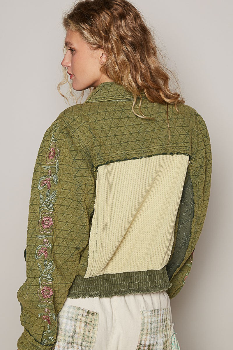 Green Embroidered Sleeve Quilted Jacket from PinkyBelles Boutique