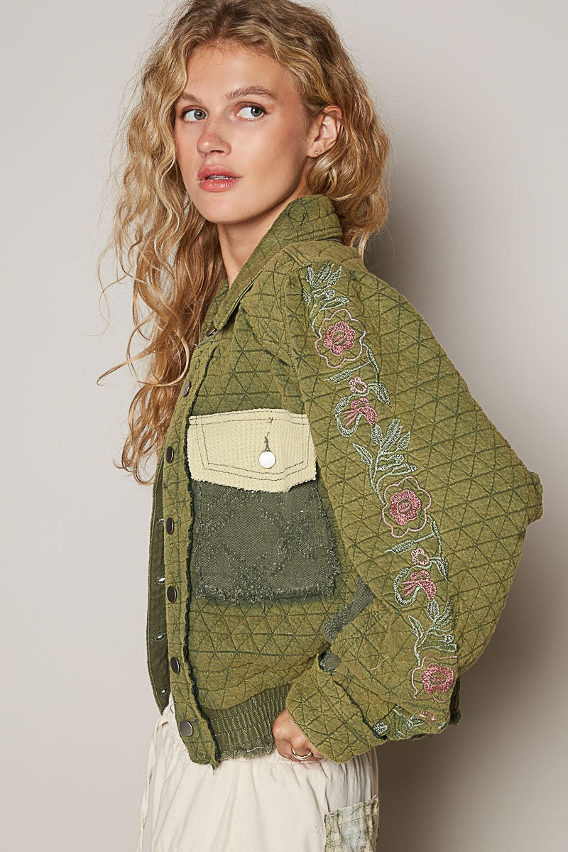 Green Embroidered Sleeve Quilted Jacket from PinkyBelles Boutique