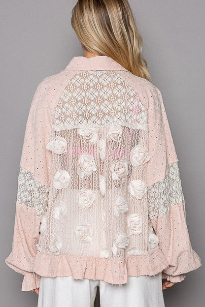 Pink Eyelet Flower Pearl Detail Lace Patchwork Shirt from PinkyBelles Boutique