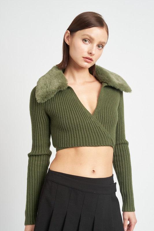 Olive Faux Fur Collar Sweater from PinkyBelles Boutique