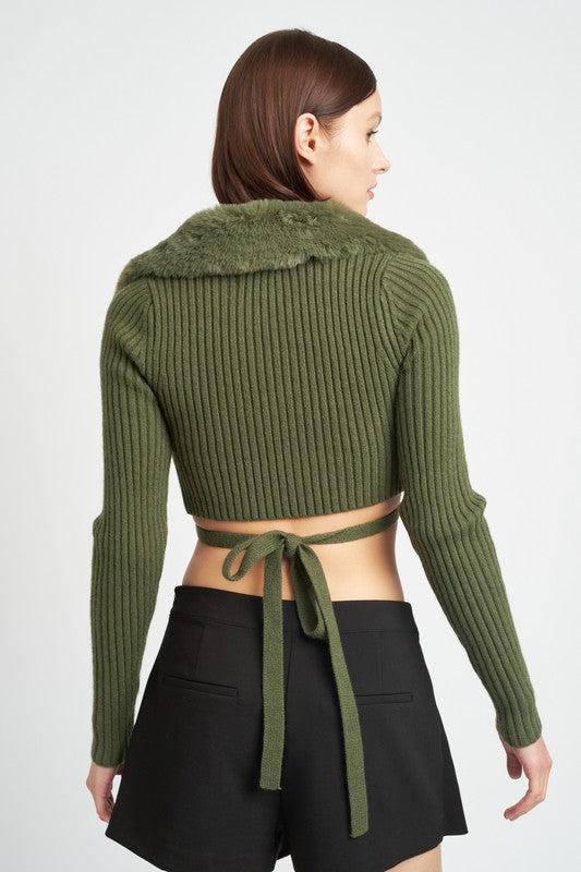 Olive Faux Fur Collar Sweater from PinkyBelles Boutique