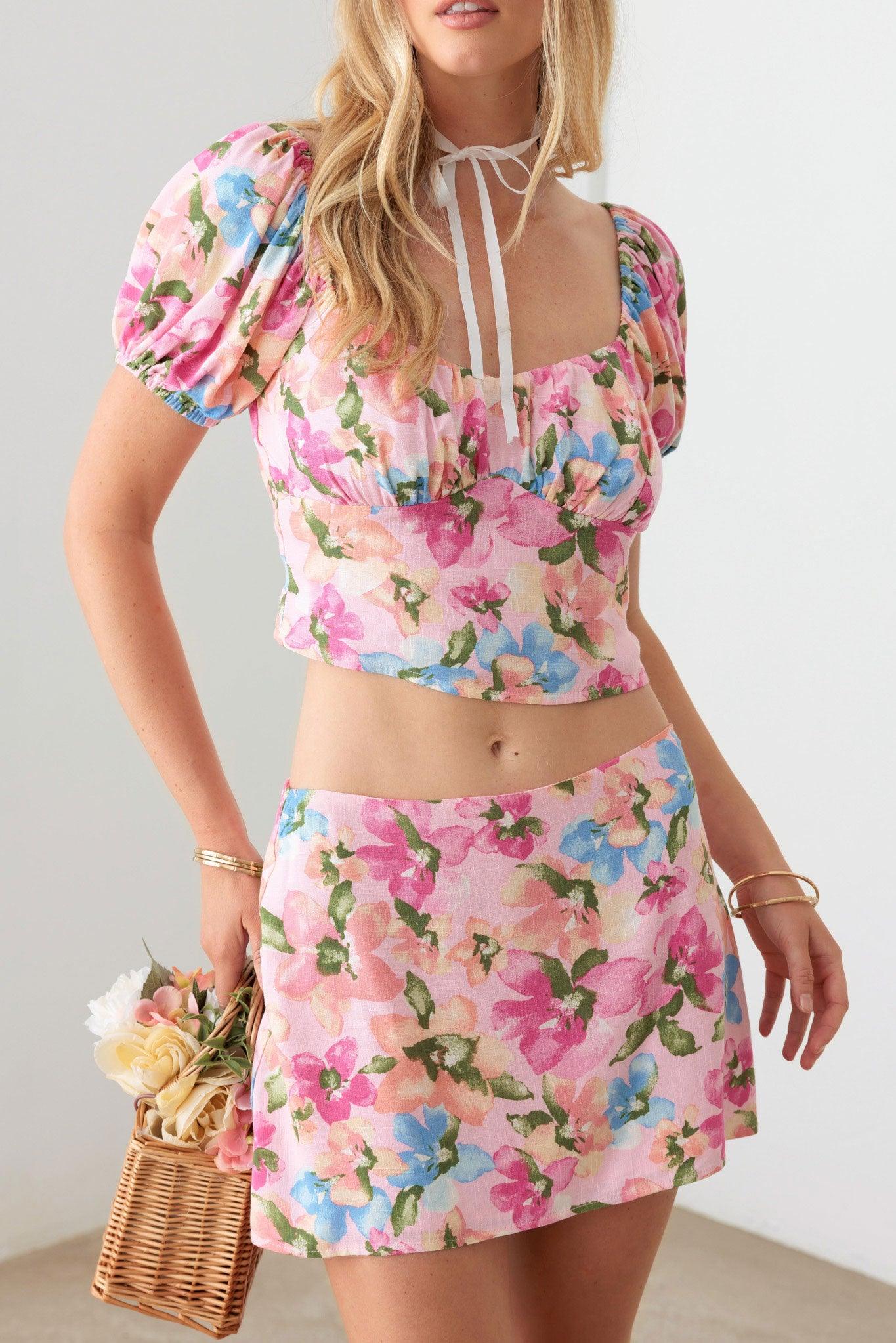 Pink Floral Crop Top and Mini Skirt Set from PinkyBelles Boutique