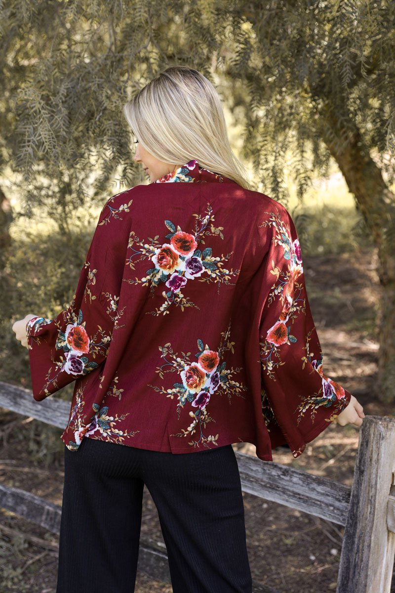 Burgundy Floral Rose Print Kimono Blazer from PinkyBelles Boutique