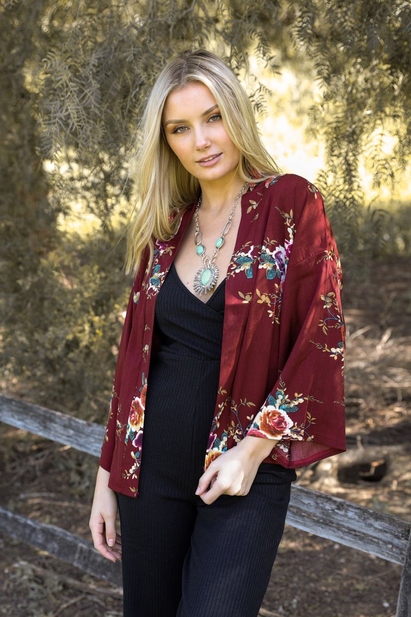 Burgundy Floral Rose Print Kimono Blazer from PinkyBelles Boutique