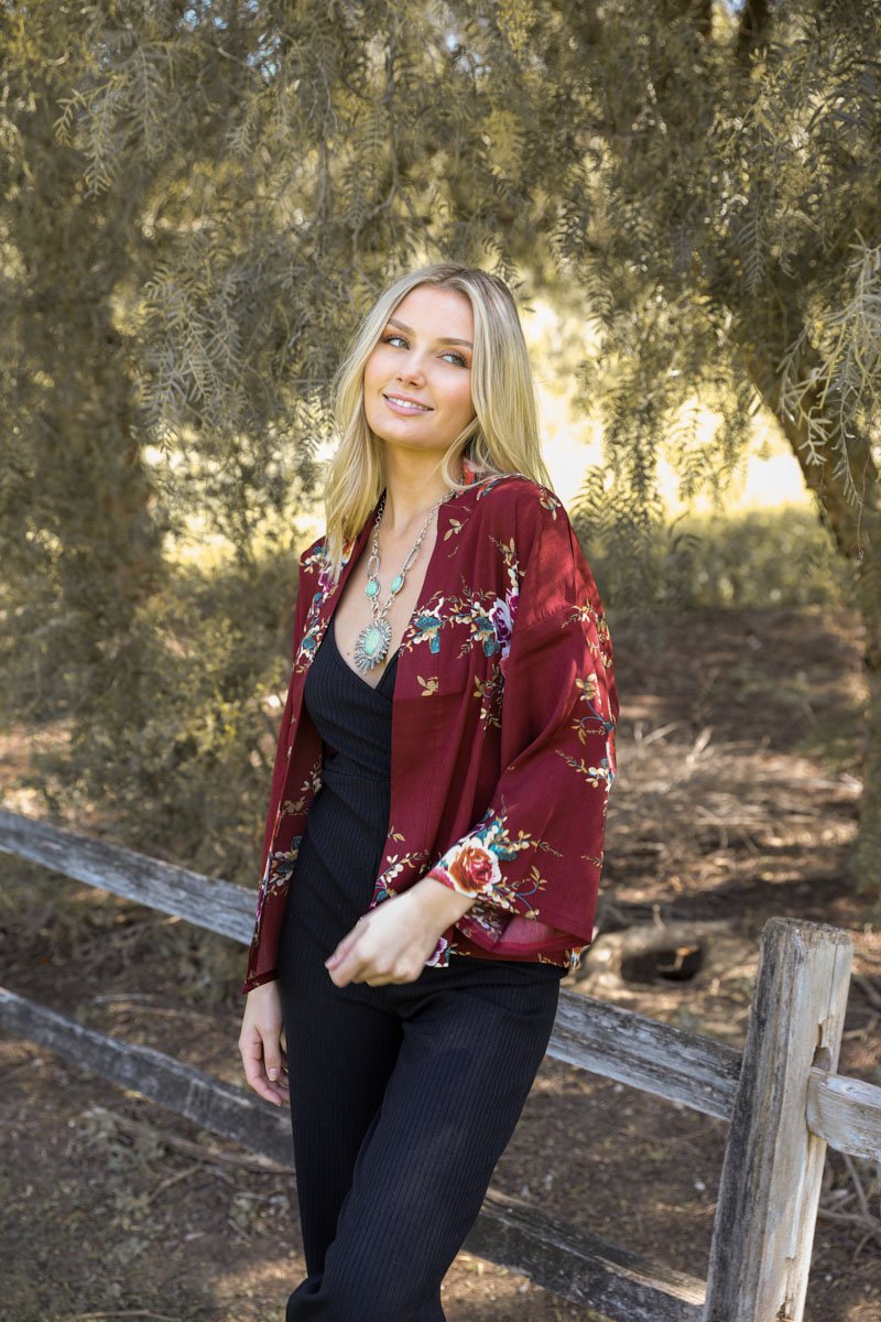 Burgundy Floral Rose Print Kimono Blazer from PinkyBelles Boutique