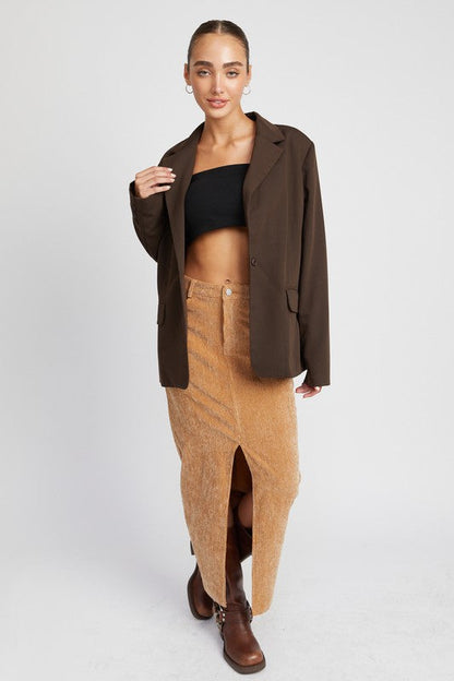 Camel Front Slit Corduroy Maxi Skirt from PinkyBelles Boutique