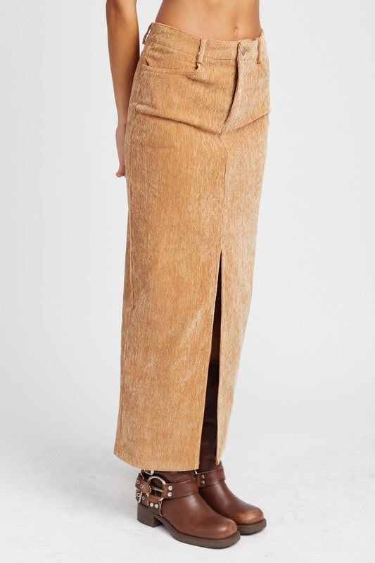 Camel Front Slit Corduroy Maxi Skirt from PinkyBelles Boutique