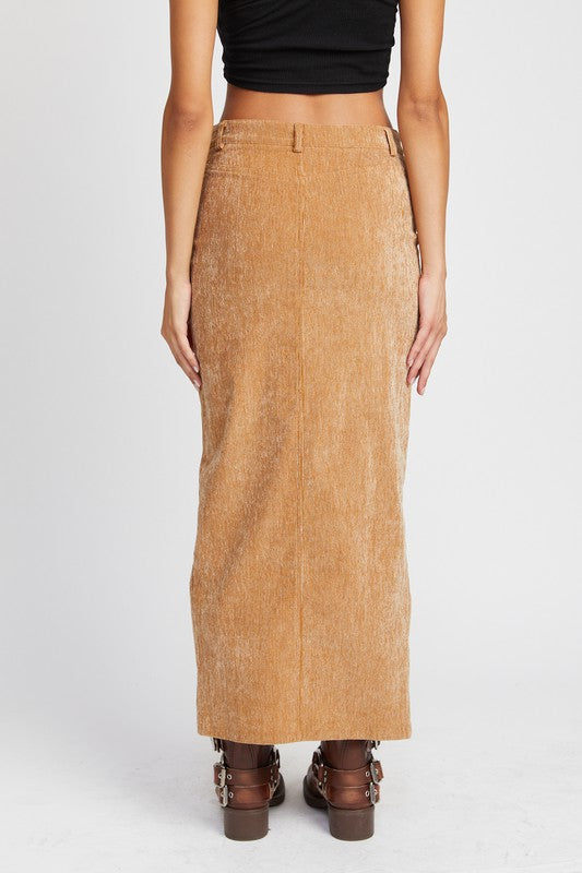 Camel Front Slit Corduroy Maxi Skirt from PinkyBelles Boutique