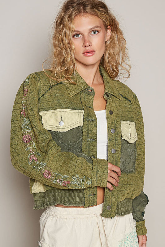 Green Embroidered Sleeve Quilted Jacket from PinkyBelles Boutique