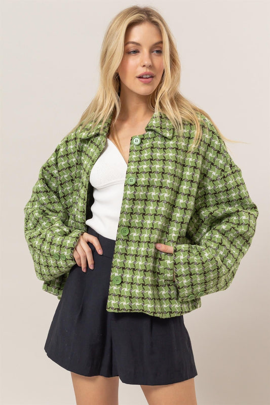 Green Tweed Houndstooth Collared Jacket from PinkyBelles Boutique