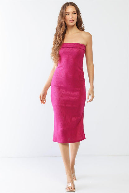 Hot Pink Geometric Print Strapless Midi Dress from PinkyBelles Boutique