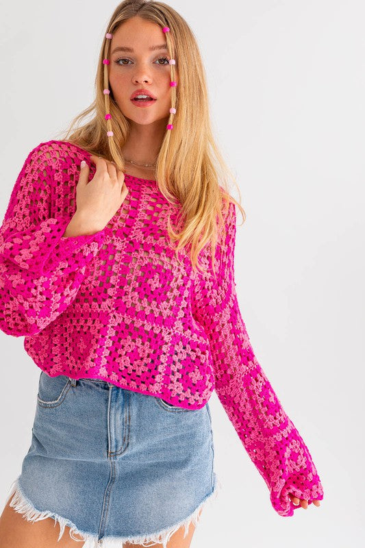 Hot Pink Square Blocks Crochet Sweater Top from PinkyBelles Boutique