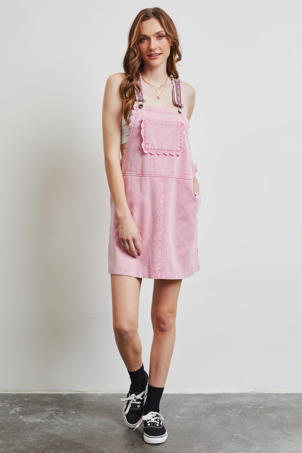 Pink Lace Trim Denim Overall Dress from PinkyBelles Boutique