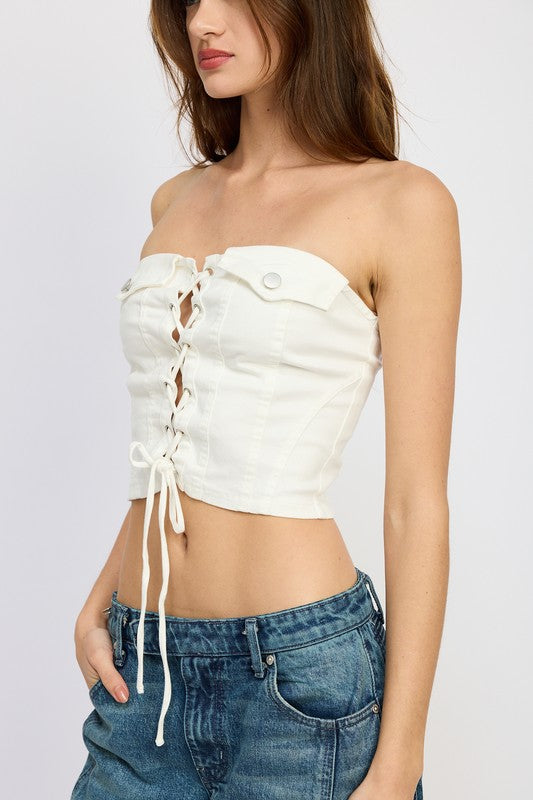 Beige Lace-Up Corset Tube Top from PinkyBelles Boutique