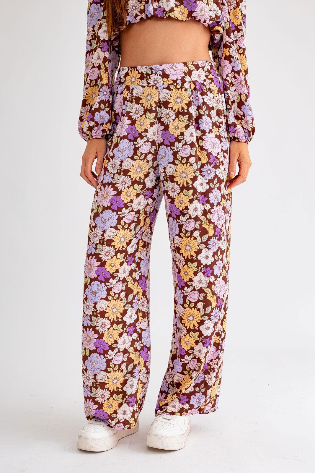 Brown Lilac Long Sleeve Crop Top and Wide Leg Pants Set from PinkyBelles Boutique