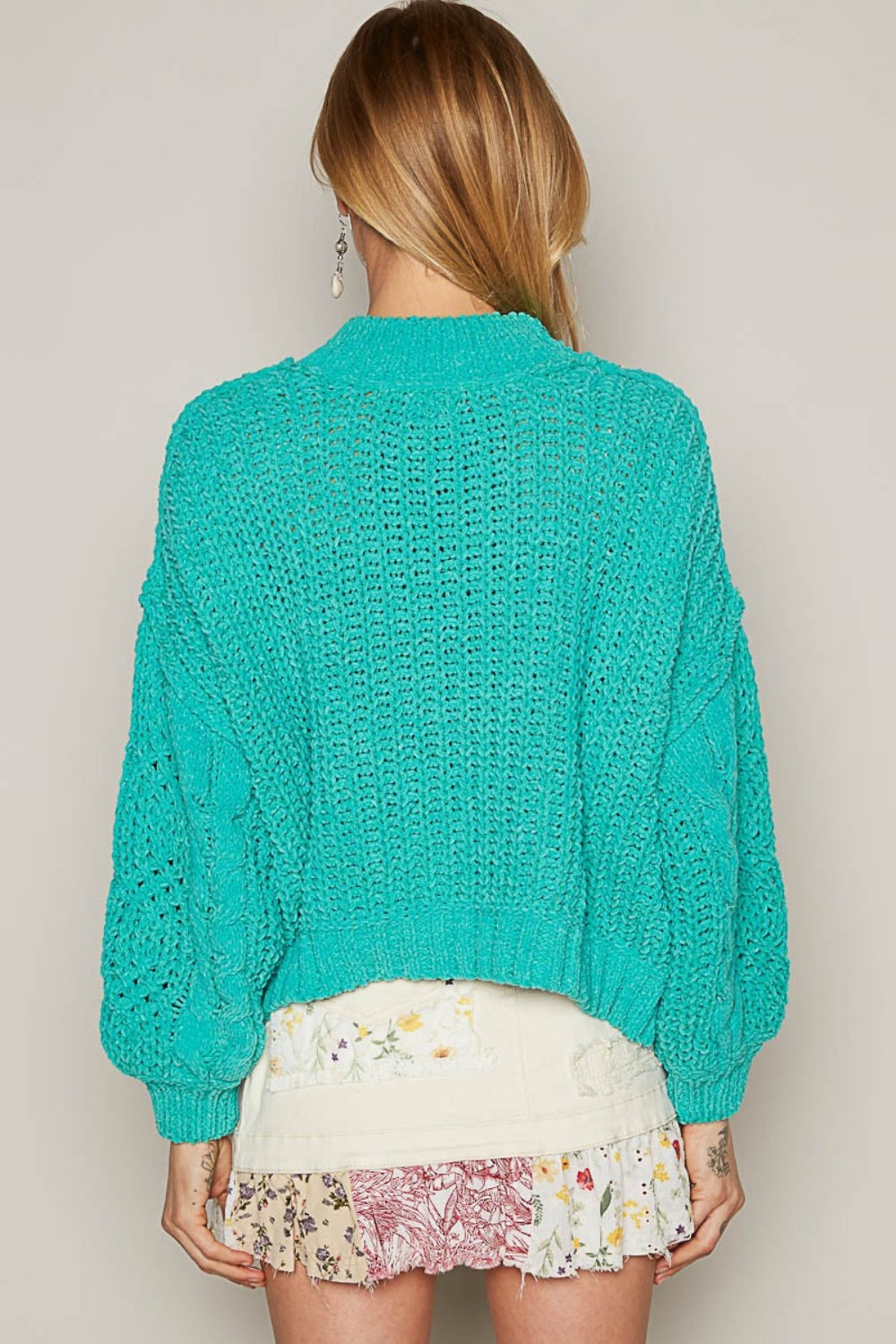 Turquoise Mock Neck Cable Knit Sweater Top from PinkyBelles Boutique