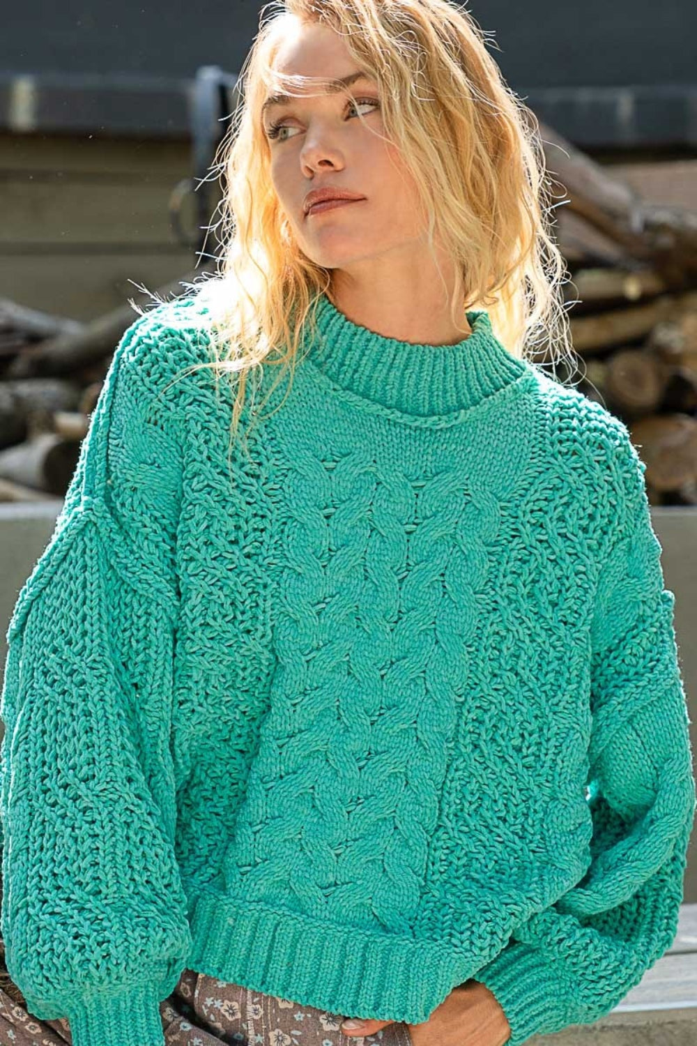 Turquoise Mock Neck Cable Knit Sweater Top from PinkyBelles Boutique