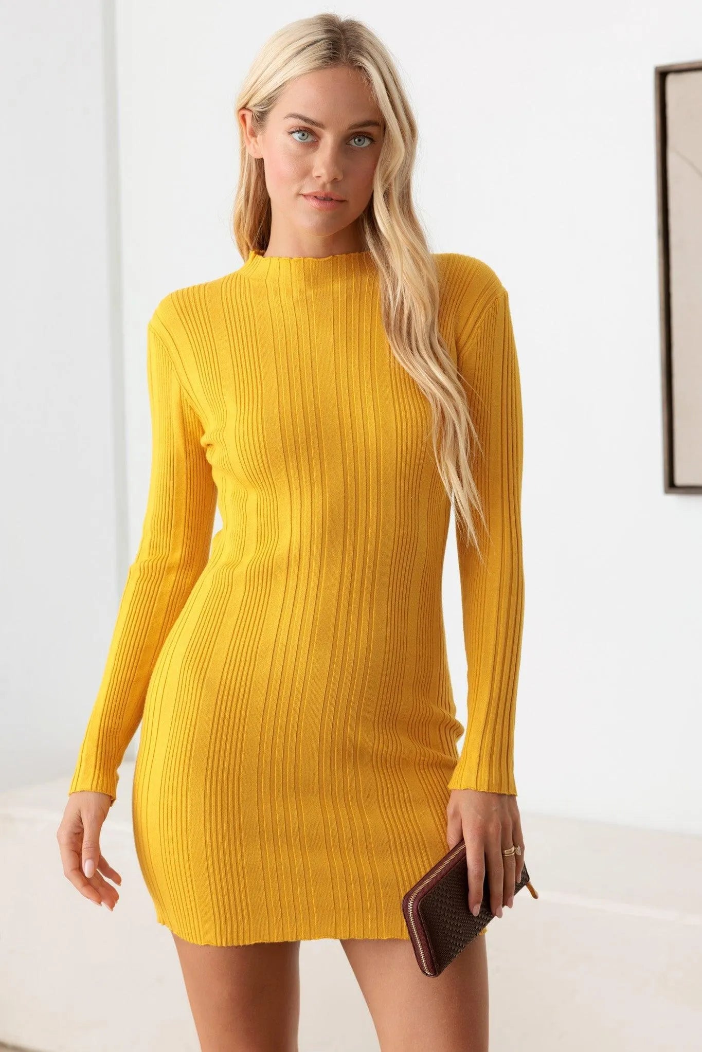 Mustard Mustard Yellow Ribbed Knit Mini Dress from PinkyBelles Boutique