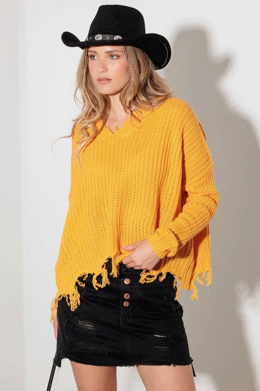 Mustard V-Neck Distressed Hem Pullover Sweater from PinkyBelles Boutique