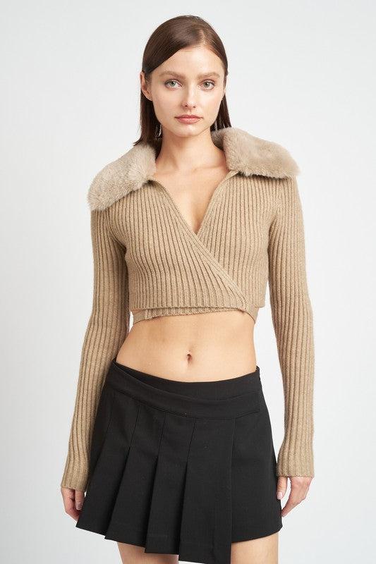 Oatmeal Faux Fur Collar Sweater from PinkyBelles Boutique