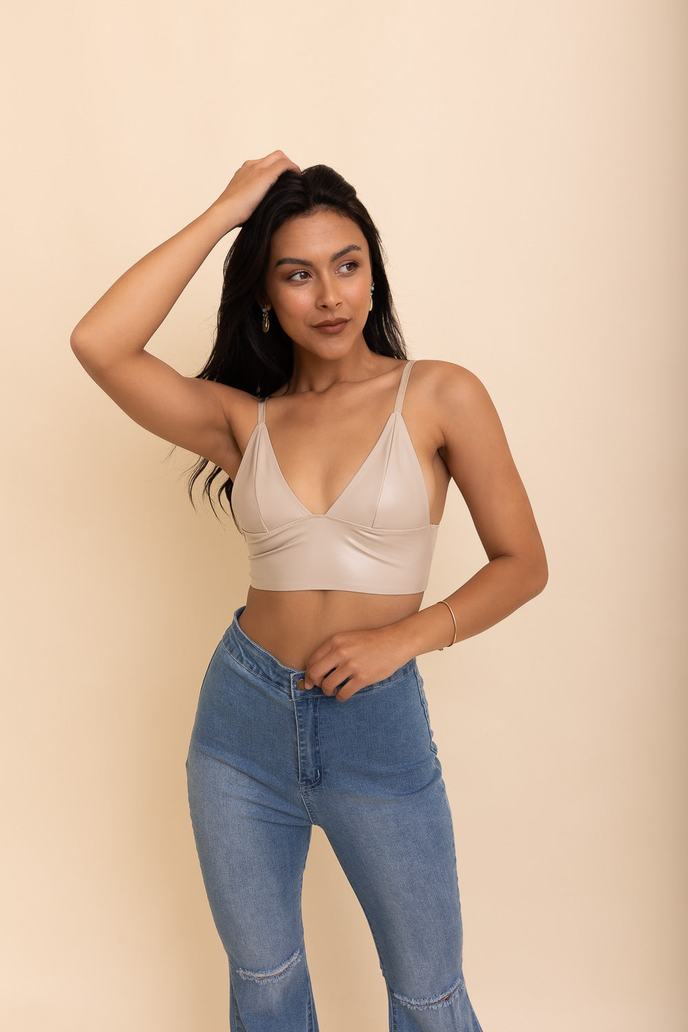 Oatmeal Faux Leather Crop Top from PinkyBelles Boutique