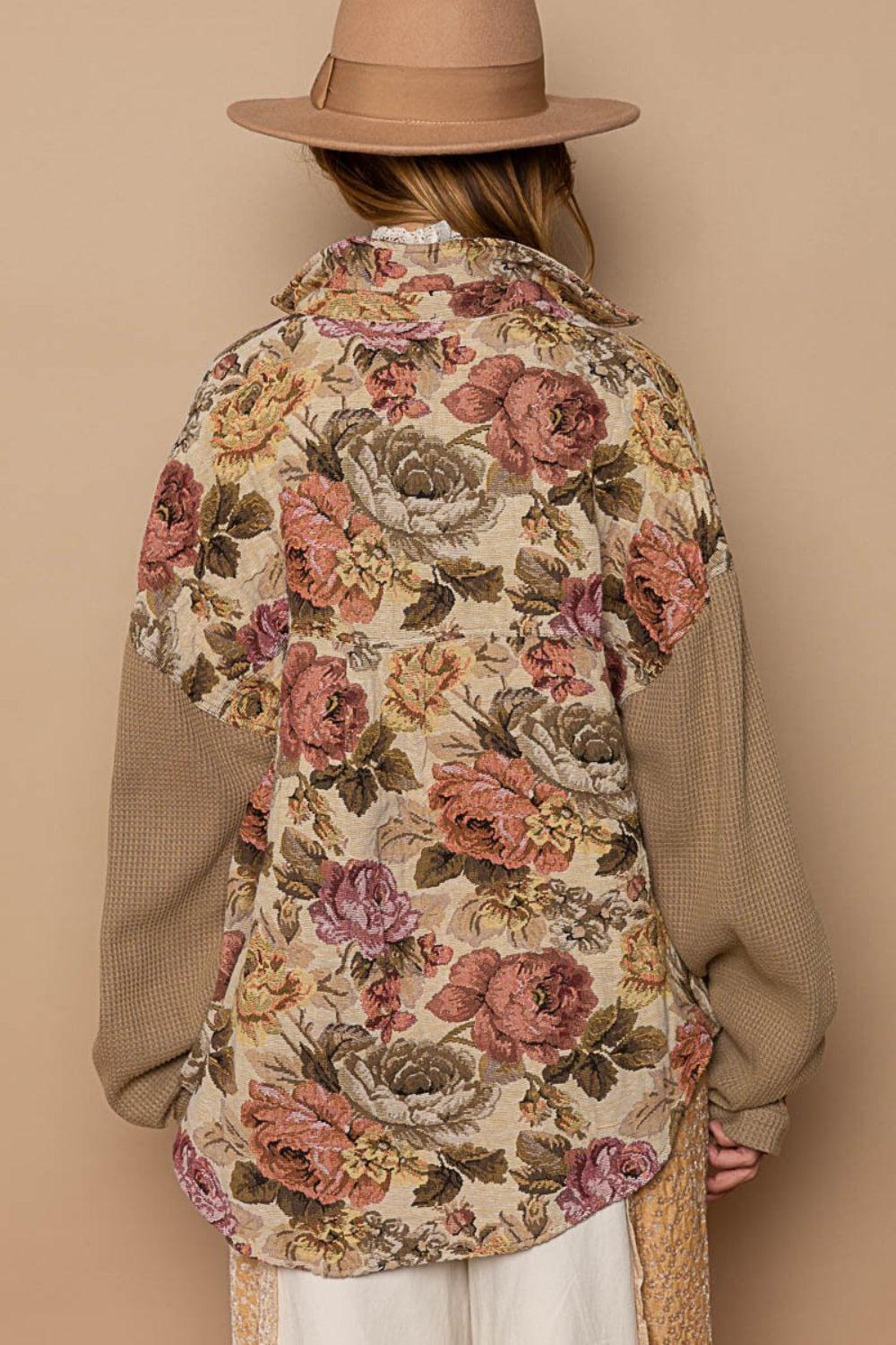 Olive Brown Floral Contrast Jacquard Shacket from PinkyBelles Boutique