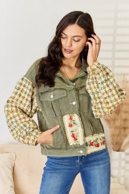 Olive Embroidered Patch Button Down Raw Hem Shacket from PinkyBelles Boutique