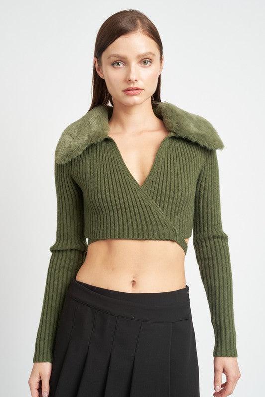 Olive Faux Fur Collar Sweater from PinkyBelles Boutique