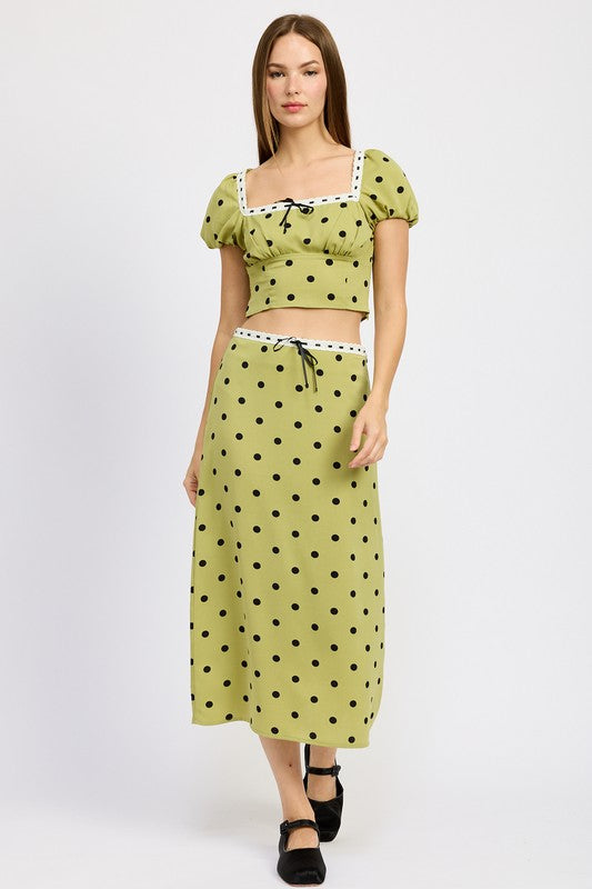 Olive Polka Dot Top and Midi Skirt Set from PinkyBelles Boutique