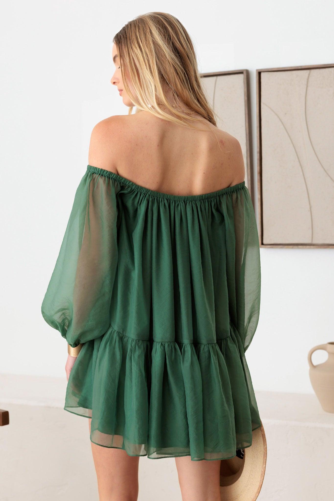 Jade Green Organza Off-Shoulder Mini Dress from PinkyBelles Boutique