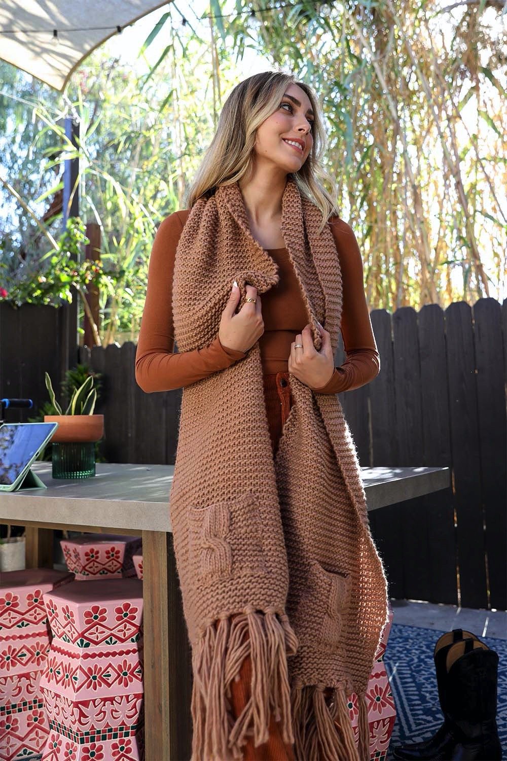 Camel Oversized Pocket Scarf from PinkyBelles Boutique