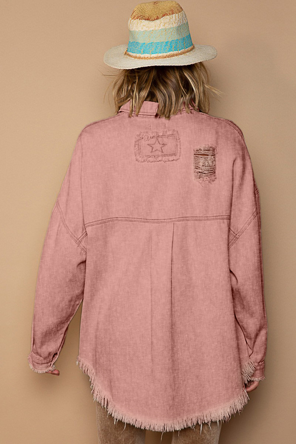 Pink Oversized Raw Hem Distressed Shacket from PinkyBelles Boutique