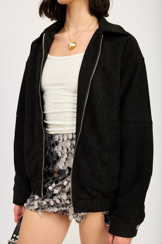 Black Oversized Suede Bomber Jacket from PinkyBelles Boutique