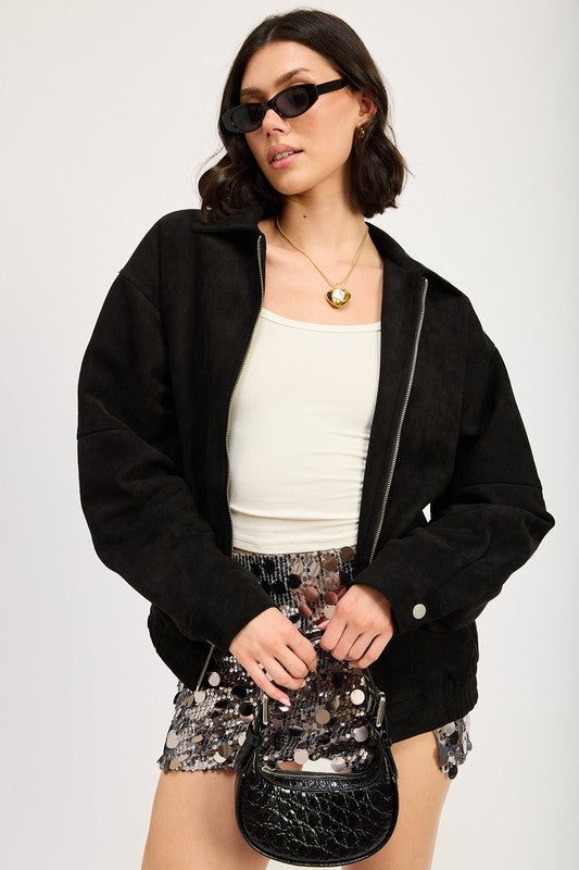 Black Oversized Suede Bomber Jacket from PinkyBelles Boutique