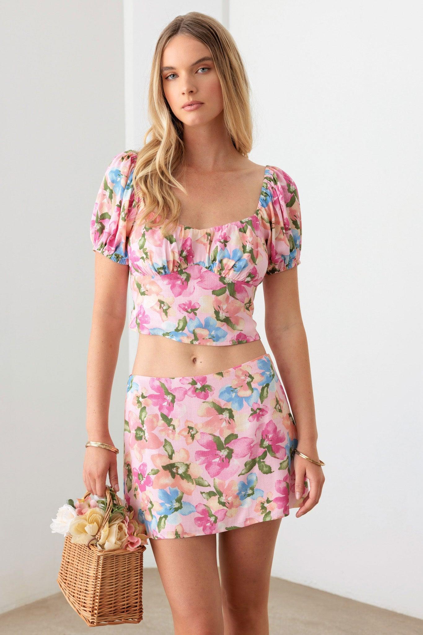 Pink Floral Crop Top and Mini Skirt Set from PinkyBelles Boutique